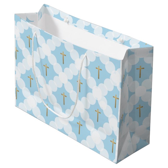 Bolsa De Regalo Grande Blue Gold Cross Bautismo Moderno (Angulo Anverso)