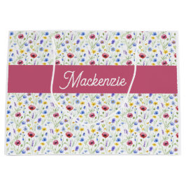 Bolsa De Regalo Grande Blue Pink Wildflower Watercolor Monogram Name