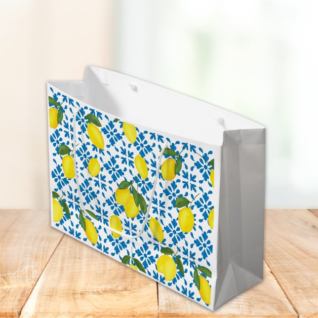 Bolsa De Regalo Grande Blue Tile French Country Lemon Pattern  (Subido por el creador)