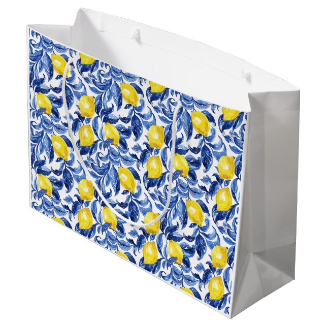 Bolsa De Regalo Grande Blue Watercolor Lemon Pattern  (Angulo reverso)