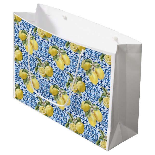 Bolsa De Regalo Grande Blue White Lemon Tile Mediterranean Pattern (Angulo Anverso)