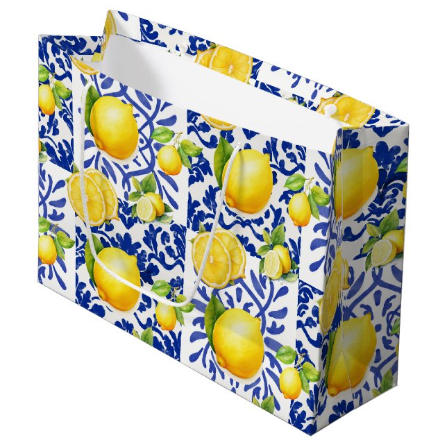 Bolsa De Regalo Grande Blue White Lemon Tile Pattern Mediterranean Citrus (Angulo Anverso)