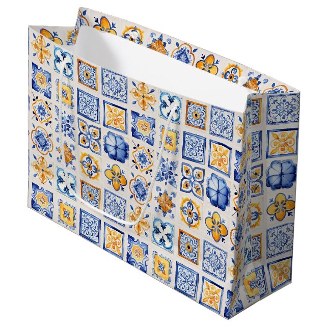 Bolsa De Regalo Grande Blue White Yellow Tiles Pattern Summer Aesthetic  (Angulo Anverso)