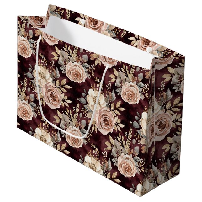 Bolsa De Regalo Grande Boda con Flores Rosadas y Rojo Burdeos (Angulo Anverso)