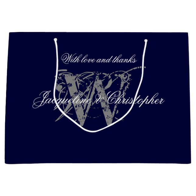 Bolsa De Regalo Grande Boda Monograma Azul Plata Blanco Elegante (Anverso)