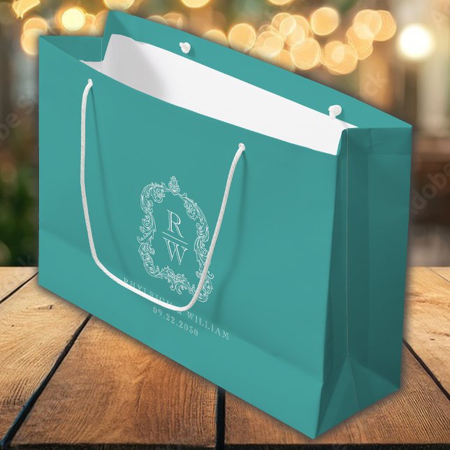 Bolsa De Regalo Grande Boda Turquesa Cresta Monograma (Subido por el creador)