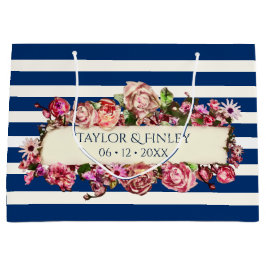 Bolsa De Regalo Grande Boda Vintage Floral Nautical Naval Blue Stripes