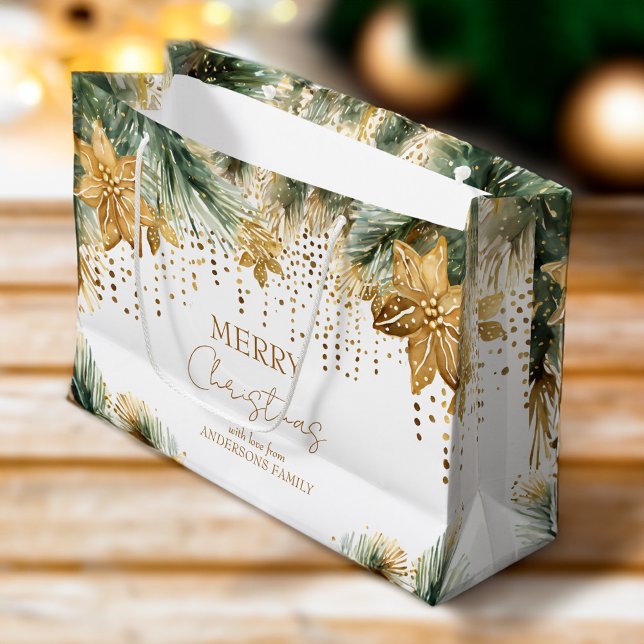 Bolsa De Regalo Grande Boho Merry Christmas gold poinsettia (Boho Merry Christmas gold poinsettia pines personalized Large Gift Bag)