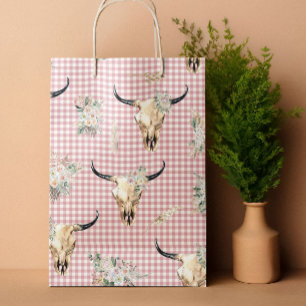 Bolsa De Regalo Grande Boho Pink Gingham Cow Skull Floral