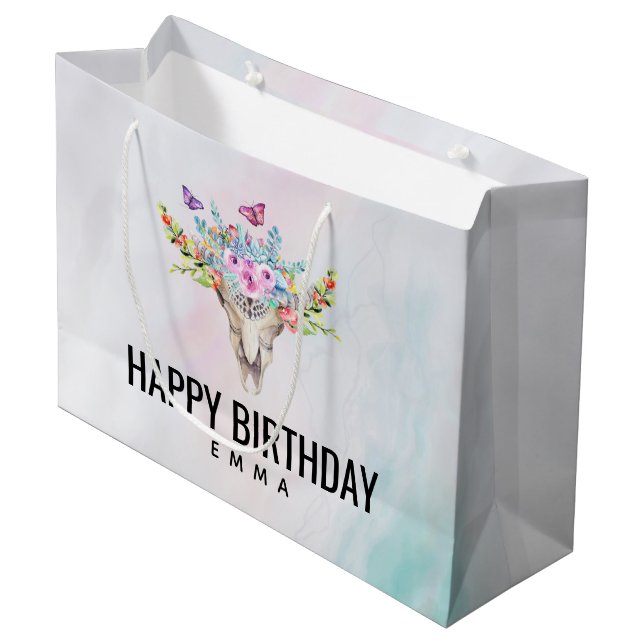 Bolsa De Regalo Grande Boho Skull con mariposas y flores Cumpleaños (Angulo Anverso)