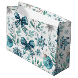 BOLSA DE REGALO GRANDE BOLAS Y LAZOS NAVIDEÑOS AZULES Y GRISES