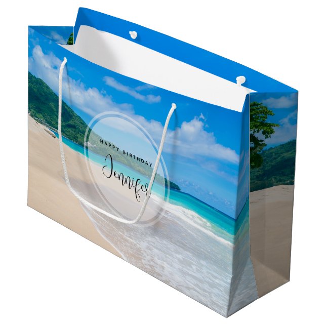 Bolsa De Regalo Grande Bonito destino tropical Escenario Playa Cumpleaños (Angulo Anverso)