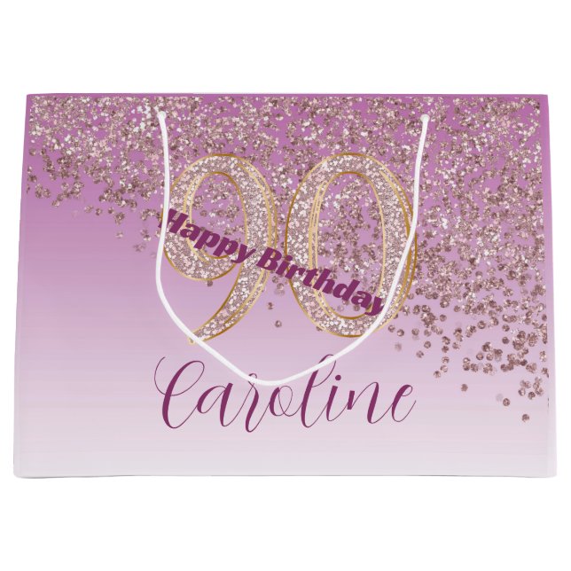 Bolsa De Regalo Grande Bonito Rosa Oro Purpurina 90 cumpleaños (Anverso)