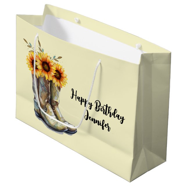 Bolsa De Regalo Grande Boots rústicos de vaquero con girasoles Cumpleaños (Angulo Anverso)