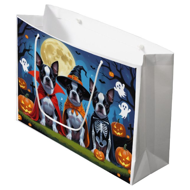 Bolsa De Regalo Grande Boston Terrier Dogs Calabaza Halloween Funny (Angulo Anverso)