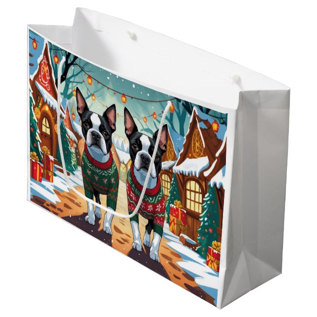Bolsa De Regalo Grande Boston Terrier Dogs Christmas Snow Holiday (Angulo Anverso)