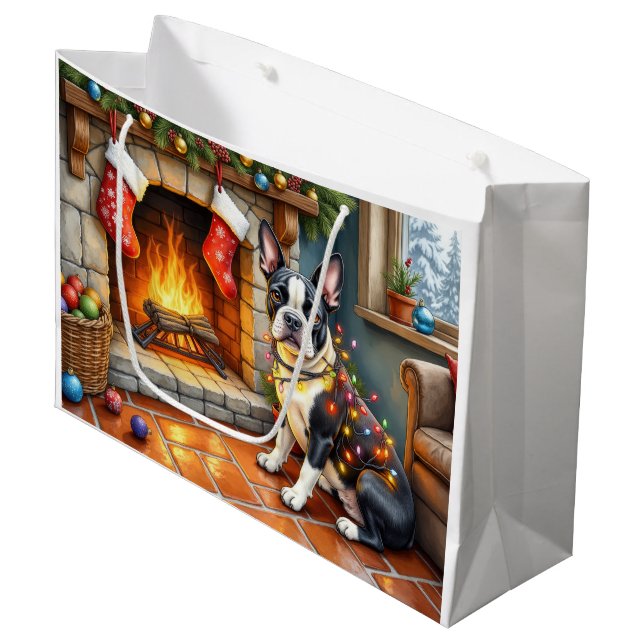 Bolsa De Regalo Grande Boston Terrier Fireplace with Christmas Lights (Angulo Anverso)