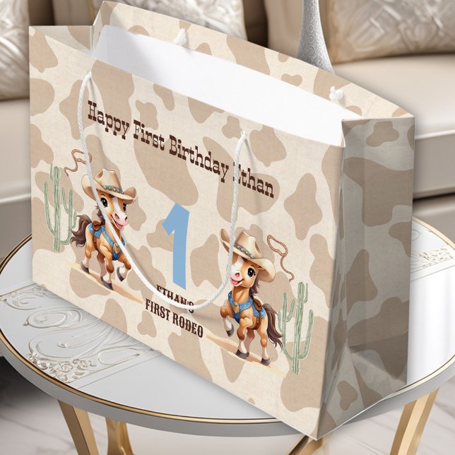 Bolsa De Regalo Grande Bovinos Rodeo Beige Caballo Nombre Occidental Prim (Rodeo Beige Cowboy Horse Western Name 1st Birthday Large Gift Bag)