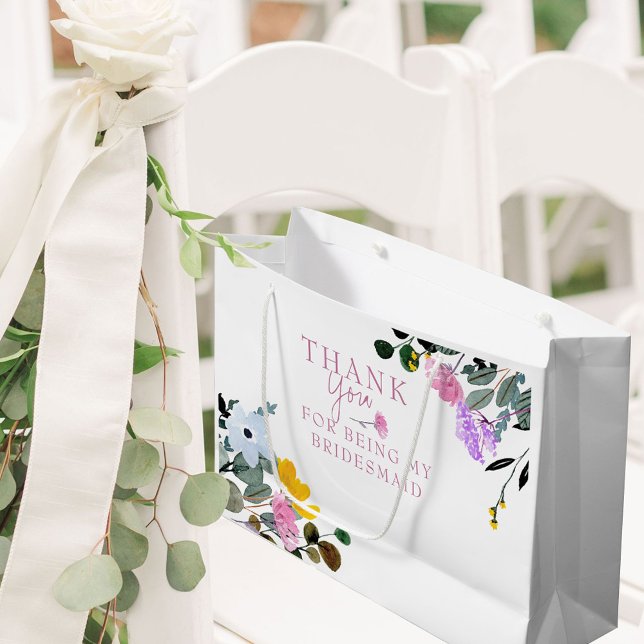 Bolsa De Regalo Grande Bridesmaid Jardín de flores silvestres White Graci (Bridesmaid Wedding Gift Bag with pretty wildflowers from my Wildflower Lawn collection)