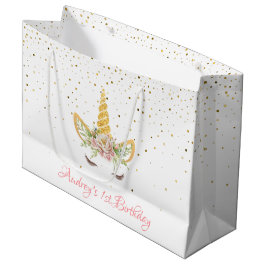 Bolsa De Regalo Grande Brillantina dorada | Floral Unicornio Horn Birday 