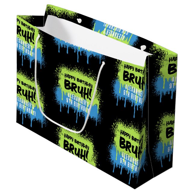 Bolsa De Regalo Grande Bruh Boy's Birthday Party Neon Graffiti Green Blue (Angulo Anverso)