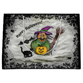 Bolsa De Regalo Grande Bruja, gato, murciélago y calabaza, ¡Feliz Hallowe