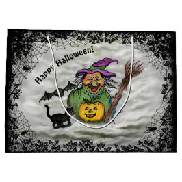 Bolsa De Regalo Grande Bruja, gato, murciélago y calabaza, ¡Feliz Hallowe