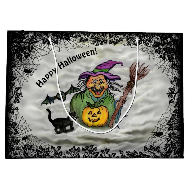 Bolsa De Regalo Grande Bruja, gato, murciélago y calabaza, ¡Feliz Hallowe (Reverso)
