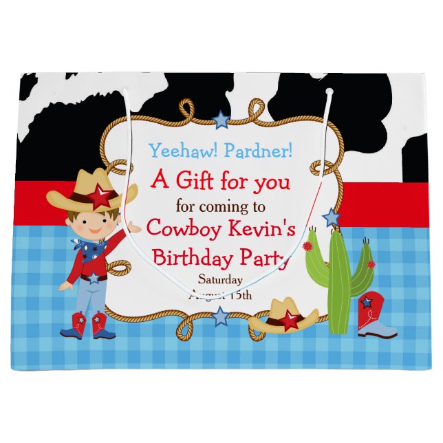 Bolsa De Regalo Grande Brunette Boy Cowboy Western Birday Gracias (Anverso)