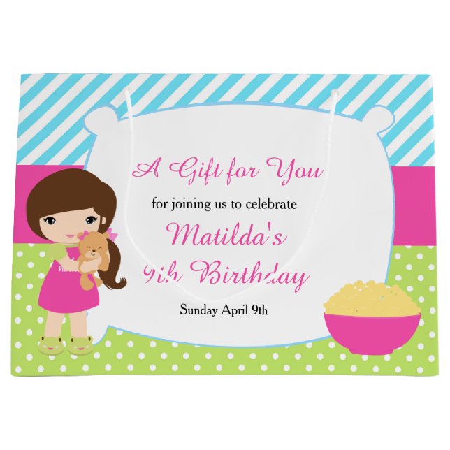 Bolsa De Regalo Grande Brunette Chica Sleepover Slumber Fiesta Cumpleaños (Anverso)