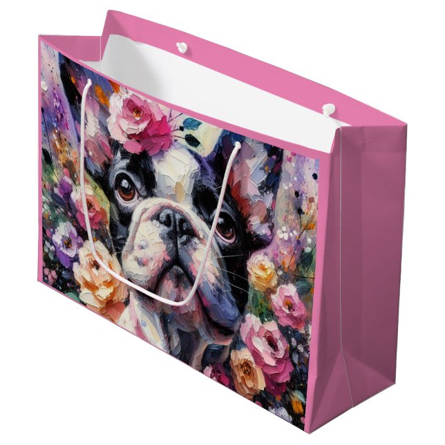 Bolsa De Regalo Grande Bulldog francés con Rosas Pintura impresionista (Angulo Anverso)
