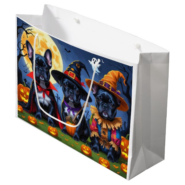 Bolsa De Regalo Grande Bulldoges franceses negros Calabaza Halloween Funn (Angulo Anverso)