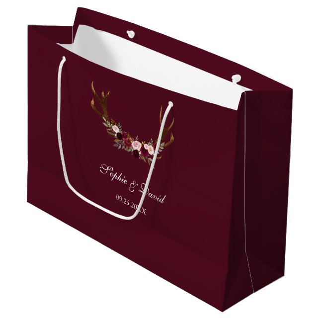 Bolsa De Regalo Grande Burgundy Marsala Floral Antlers Boda (Angulo Anverso)