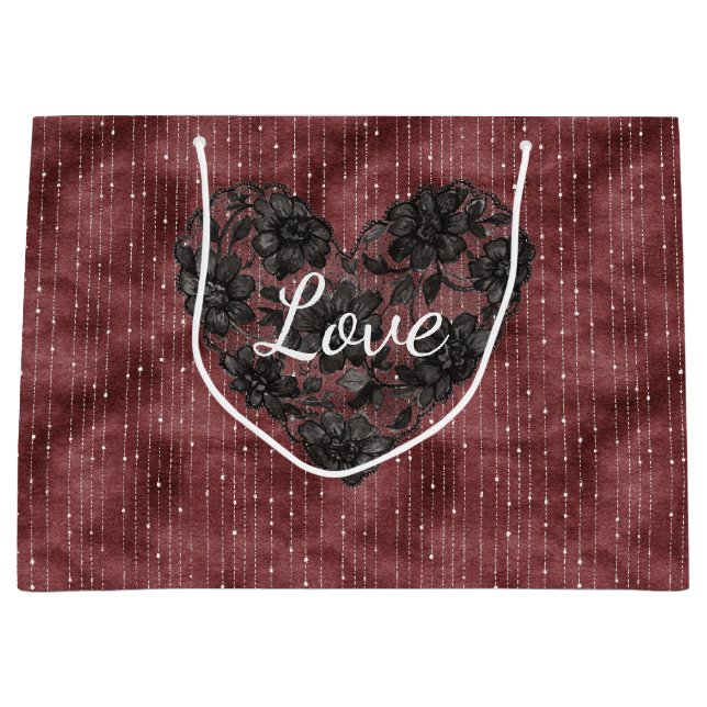 Bolsa De Regalo Grande Burgundy Stripes Black Faux Lace Floral Heart (Anverso)