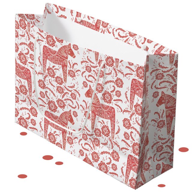 Bolsa De Regalo Grande Caballo de dala sueco rojo y blanco (Red and white Swedish Dala horse pattern large gift bag)