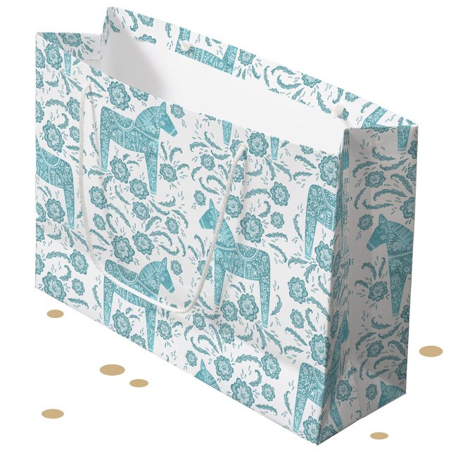 Bolsa De Regalo Grande Caballo de dala sueco Verde azulado y blanco (Swedish Dala Horse folk art pattern teal green and white large gift bag)