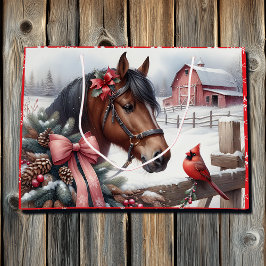 Bolsa De Regalo Grande Caballo de Navidades marrones y cardenal