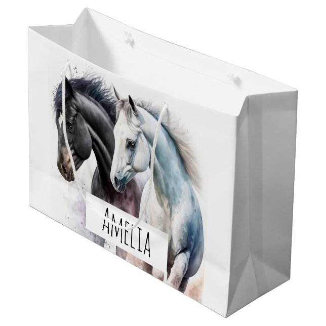 Bolsa De Regalo Grande Caballos blancos y negros en acuarela (Angulo Anverso)