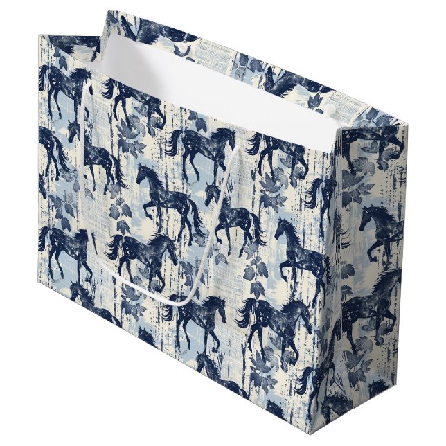 Bolsa De Regalo Grande Caballos de tela azul oscuro sin problemas (Angulo Anverso)