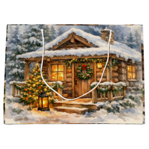 Bolsa De Regalo Grande Cabaña de Navidad en acuarela en el bosque