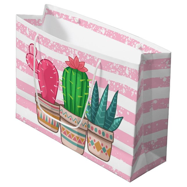 Bolsa De Regalo Grande cactus dibujado mano con el fondo de las rayas (Angulo Anverso)