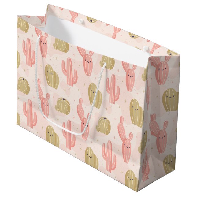Bolsa De Regalo Grande cactus rosado lindo dibujado a mano (Angulo Anverso)