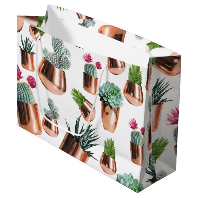 Bolsa De Regalo Grande Cactus & Succulens en ollas de oro Rosa (Angulo Anverso)