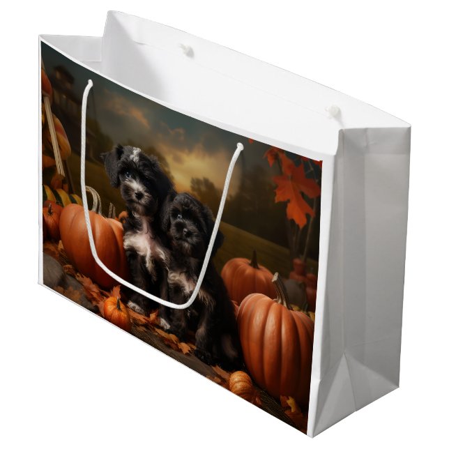 Bolsa De Regalo Grande Calabaza de luz de otoño de yorkipoo cachorro (Angulo Anverso)