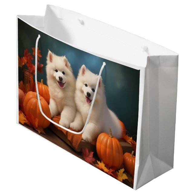 Bolsa De Regalo Grande Calabaza deslumbrante Samoyed Puppy Autumn (Angulo Anverso)