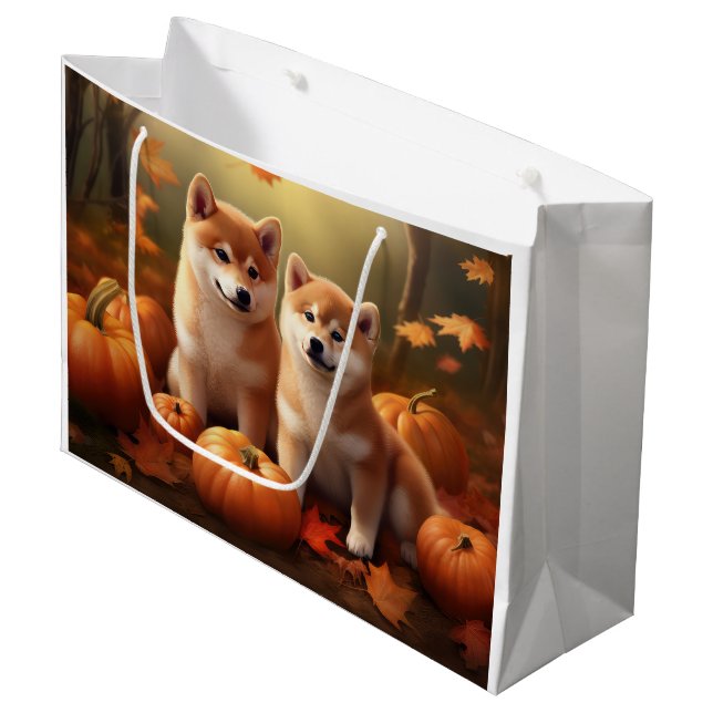Bolsa De Regalo Grande Calabaza deslumbrante Shiba Inu Puppy Otoño (Angulo Anverso)