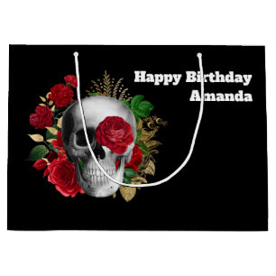Bolsa De Regalo Grande Calavera de gótico con flores rojas y hojas de oro