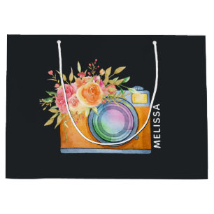 Bolsa De Regalo Grande Cámara Boho Naranja y acuarela con buquet floral