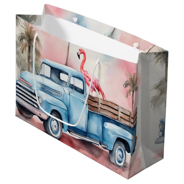 Bolsa De Regalo Grande Camión Azul Retro Con Flamingo (Angulo Anverso)