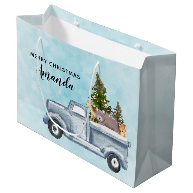 Bolsa De Regalo Grande Camión navidad con pinos y animales forestales (Angulo Anverso)
